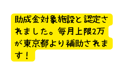 助成金対象施設と認定されました 毎月上限2万が東京都より補助されます